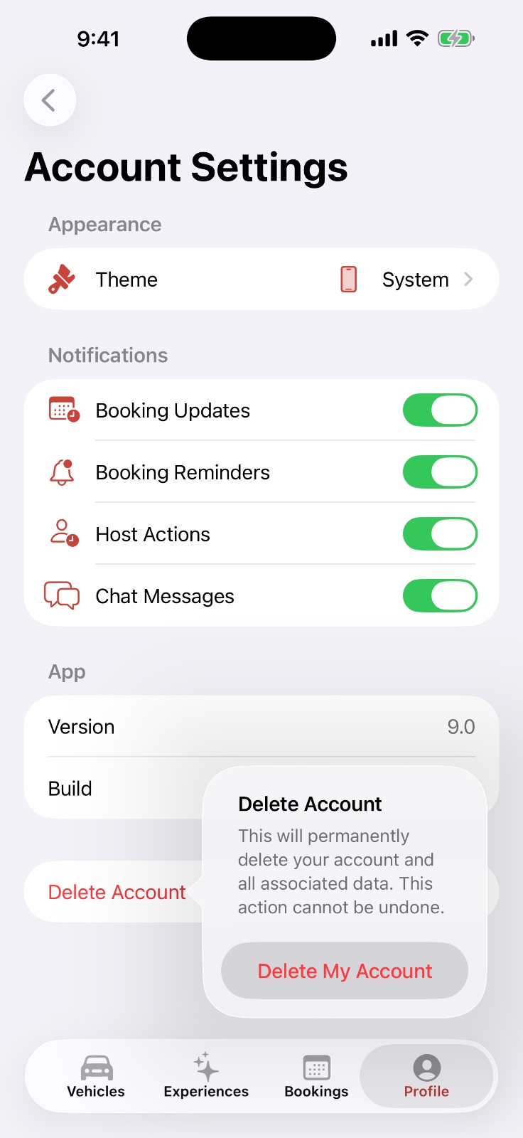 Account settings screen