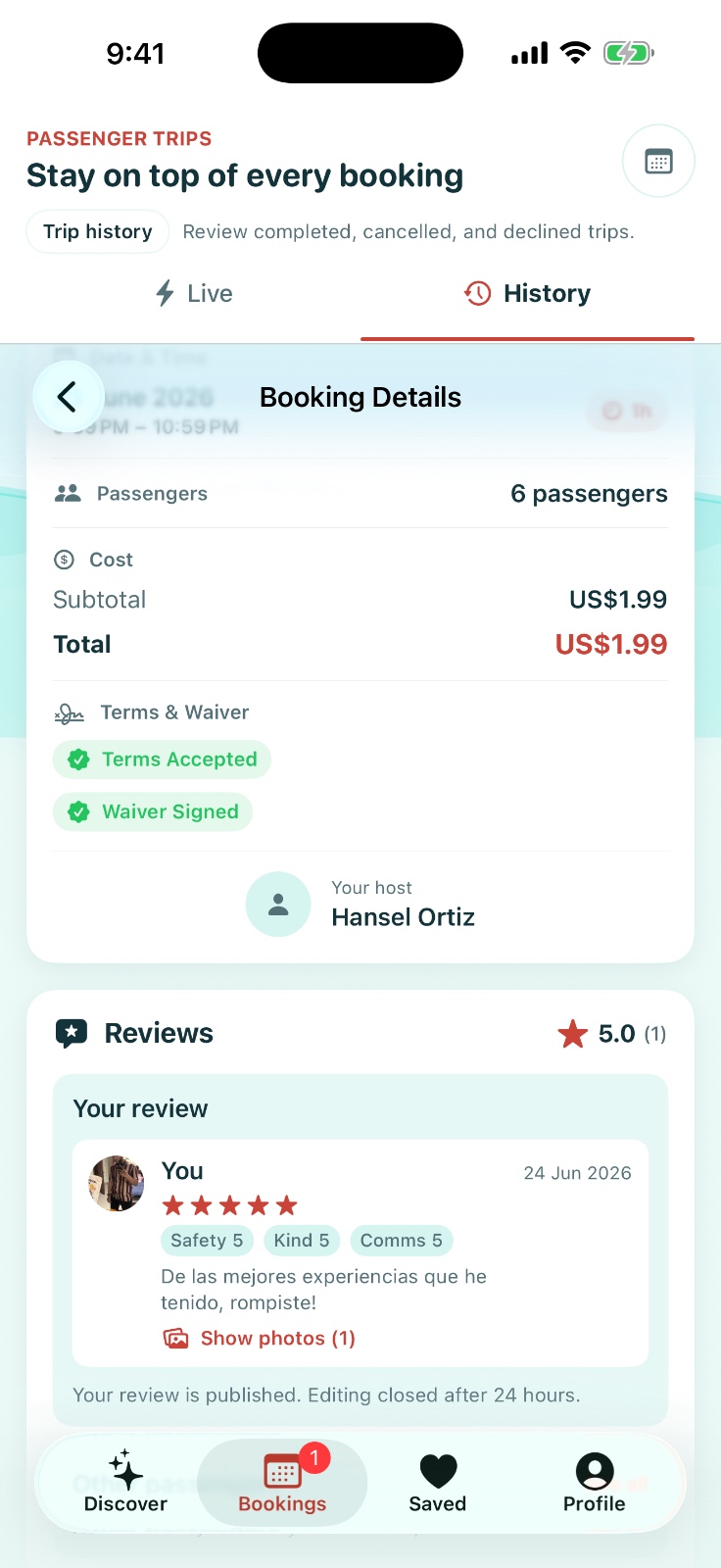 Booking details and reviews screen