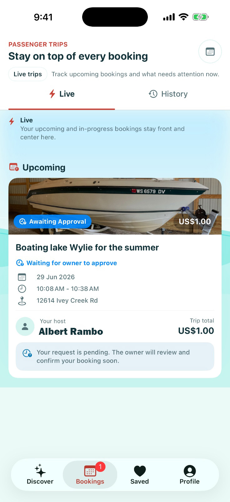 Upcoming bookings screen