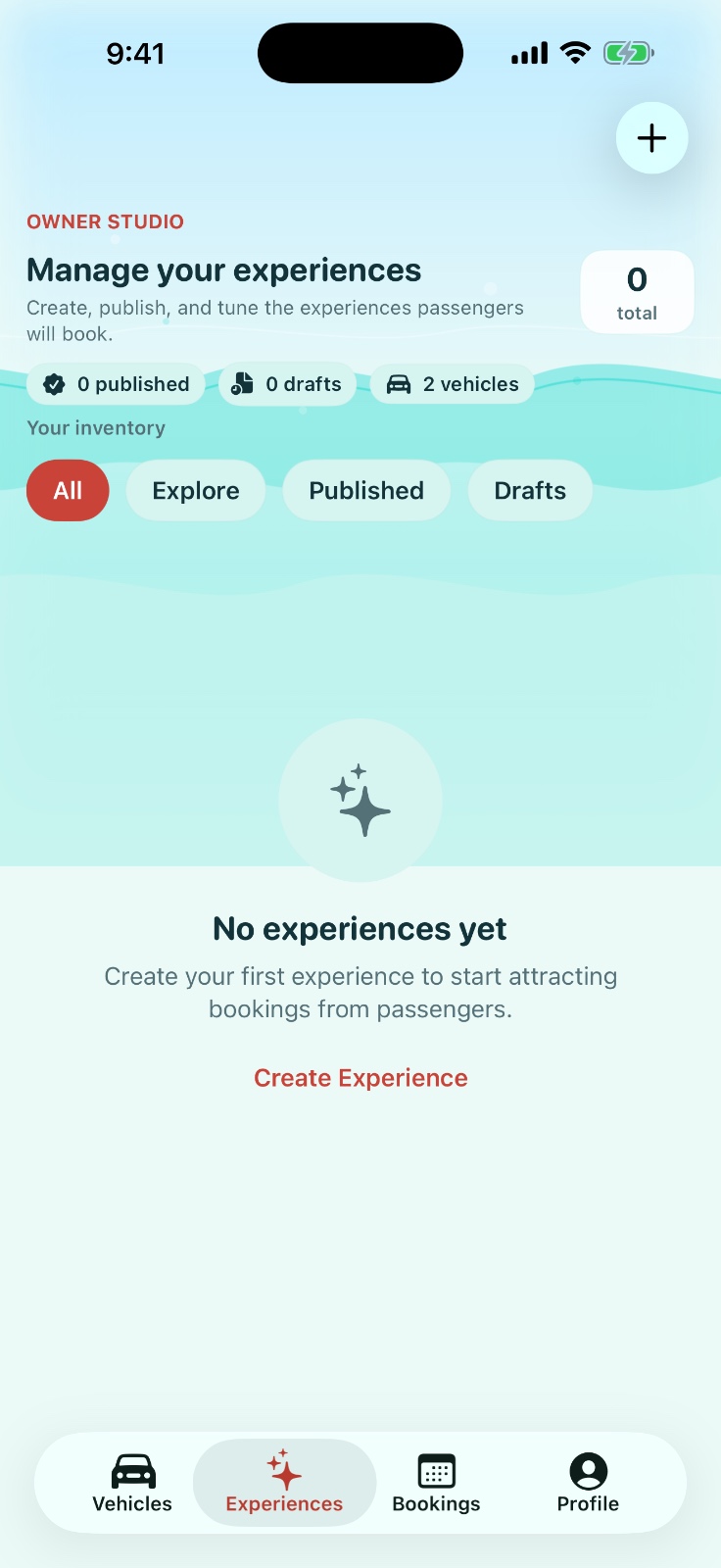 Owner Studio manage experiences screen